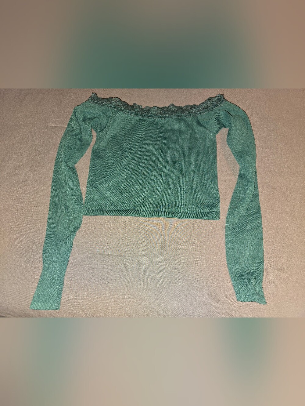LIKE NEW - Forest Green Ribbed Women's Top with Lace Trim